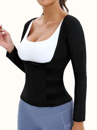 Top de Treino Potencializadora de Suor Feminina, Camisa de Compressão de Manga Longa para Perda de Peso, Roupa de Sauna, Emagrecimento, Corrida, Yoga, Fitness, Roupa Sexy (Revestida em PU), Comprimento Mais Curto, Verifique a Tabela de Tamanhos