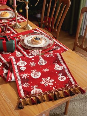 1 bucată Drapel de masă cu ciucuri cu fulgi de nea roșu, modern, simplu, din poliester, jacquard