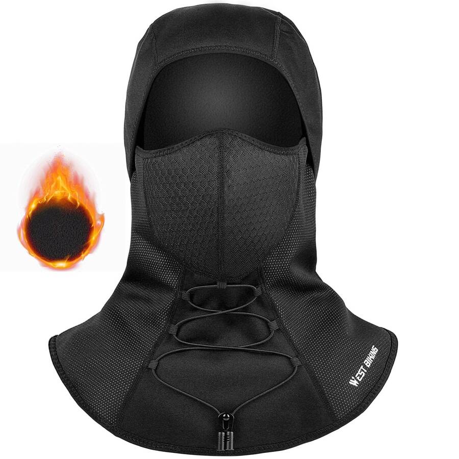 WEST BIKING 1pc Winter Outdoor Windproof Fleece Hood For Motorcycle Riding, With Filter & Face Mask, Unisex - Black - View 1