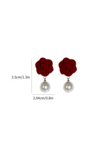 1 Pair Red Christmas Rose Pearl Drop Earrings, Red Pearl Tassel Earrings, Suitable As Christmas Gift, Holiday Gift, Christmas Earrings, Valentine's Day Gift, Christmas Themed Accessories - Red - View 4