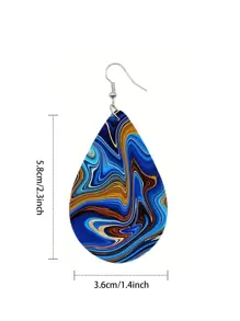 1pair Double-sided Printed Wooden Droplet Shaped Ear Drop Earrings, Suitable For Women's Daily Wear - Navy Blue - View 2