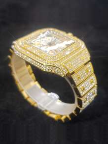 冰鎮男士奢華防水時尚石英手錶帶水鑽和鏤空設計 - 金色 - 查看 2