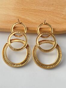 1pair European And American Retro Style Simple Three-ring Connected Circle Design Metallic Earrings For Women Daily Wear - Gold - View 3