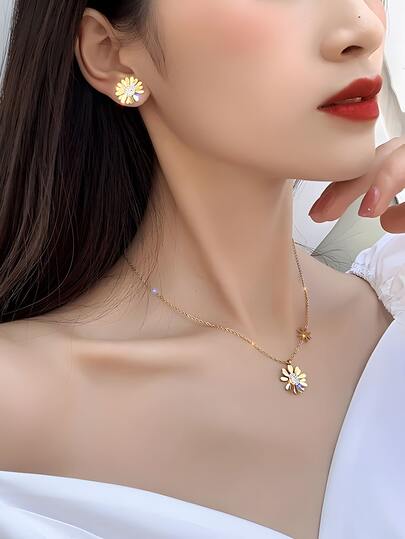 3對大學風格的鈦鋼向日葵設計立方氧化鋯項鍊和耳環套裝,適用於女性