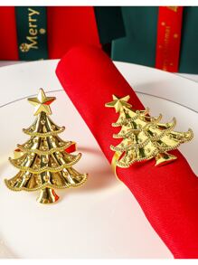 6pcs/set Green & Gold Christmas Tree Napkin Rings, Perfect For Christmas Decorations, Restaurants, Birthday Parties, Hotels And More - Gold - View 1