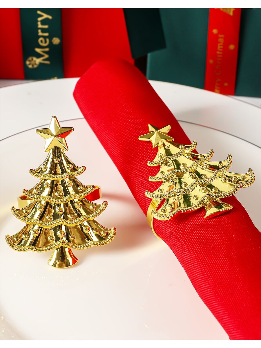 6pcs/set Green & Gold Christmas Tree Napkin Rings, Perfect For Christmas Decorations, Restaurants, Birthday Parties, Hotels And More - Gold - View 1