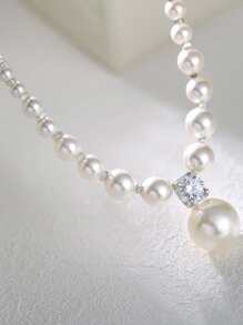 1pc Simple Gradient & Versatile S925 Silver Collarbone Chain Pearl Necklace For Women's Daily Wear Holiday - Silver - View 6