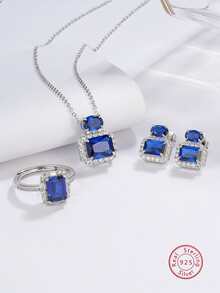 4入组/套優雅和豪華925純銀氧化鋯耳環,圓環,項鏈套裝合適的適用於女性日常穿著和夏天派對,首飾類 - 寶藍色 - 查看 2