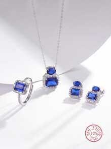 4入组/套優雅和豪華925純銀氧化鋯耳環,圓環,項鏈套裝合適的適用於女性日常穿著和夏天派對,首飾類 - 寶藍色 - 查看 1