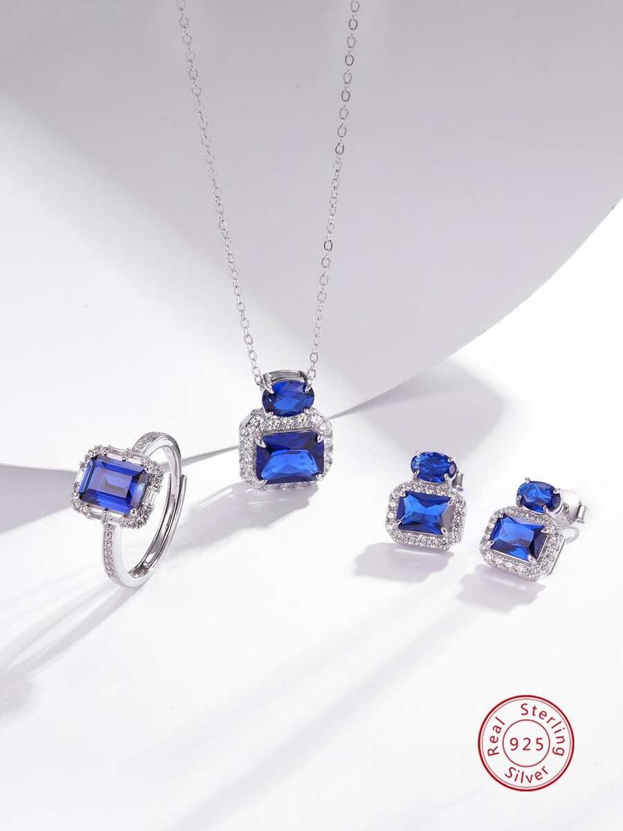 4入组/套優雅和豪華925純銀氧化鋯耳環,圓環,項鏈套裝合適的適用於女性日常穿著和夏天派對,首飾類 - 寶藍色 - 查看 1