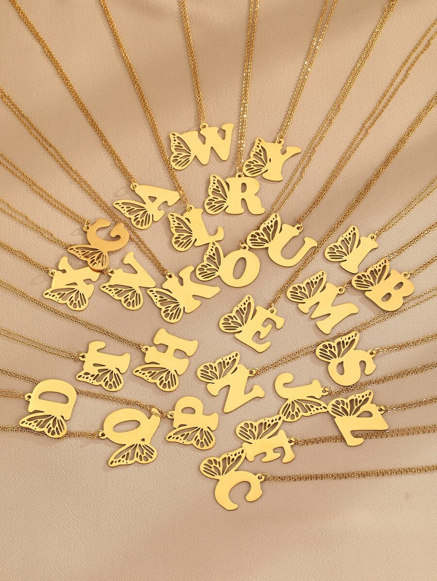 1入首字母頸鍊,蝴蝶字母頸鍊,定制聖誕禮物,女士個性化珠寶 - 金黃色 - 查看 1
