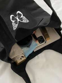 蝴蝶印花帆布托特包,多功能大肩包,可重複使用的購物和學校手提包 - 黑色 - 查看 5