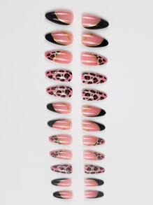 24隻實色豹紋金箔條紋杏仁形假指甲+1支果凍膠+1支指甲文件 - 彩色 - 查看 4