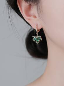1pair Copper Cubic Zirconia Inlaid Maple Leaf Dangle Earrings - Green - View 6