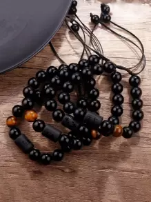 1 件 10 毫米黑色玻璃珠十二生肖手工串珠手链，男士珠宝