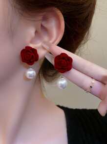 1 Pair Red Christmas Rose Pearl Drop Earrings, Red Pearl Tassel Earrings, Suitable As Christmas Gift, Holiday Gift, Christmas Earrings, Valentine's Day Gift, Christmas Themed Accessories - Red - View 1