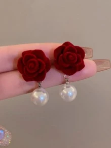 1 Pair Red Christmas Rose Pearl Drop Earrings, Red Pearl Tassel Earrings, Suitable As Christmas Gift, Holiday Gift, Christmas Earrings, Valentine's Day Gift, Christmas Themed Accessories - Red - View 2