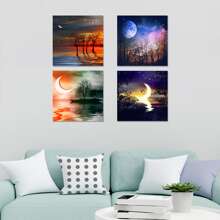 4入組帆布印花,黑暗和月光畫作,現代時尚裝飾畫,適用於客廳家庭辦公室裝飾,外框尺寸30cm X 30cm - 彩色 - 查看 4