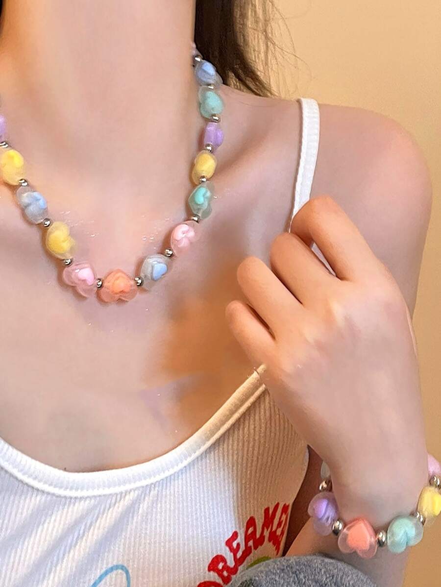 2 件/套多巴胺亚克力心形串珠饰品星形心形多彩可爱串珠项链和手链首饰套装节日送礼女士日常休闲或俱乐部装饰 - 彩色 - 查看 1