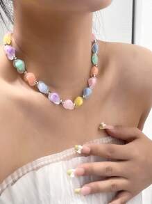 2 件/套多巴胺亚克力心形串珠饰品星形心形多彩可爱串珠项链和手链首饰套装节日送礼女士日常休闲或俱乐部装饰 - 彩色 - 查看 9