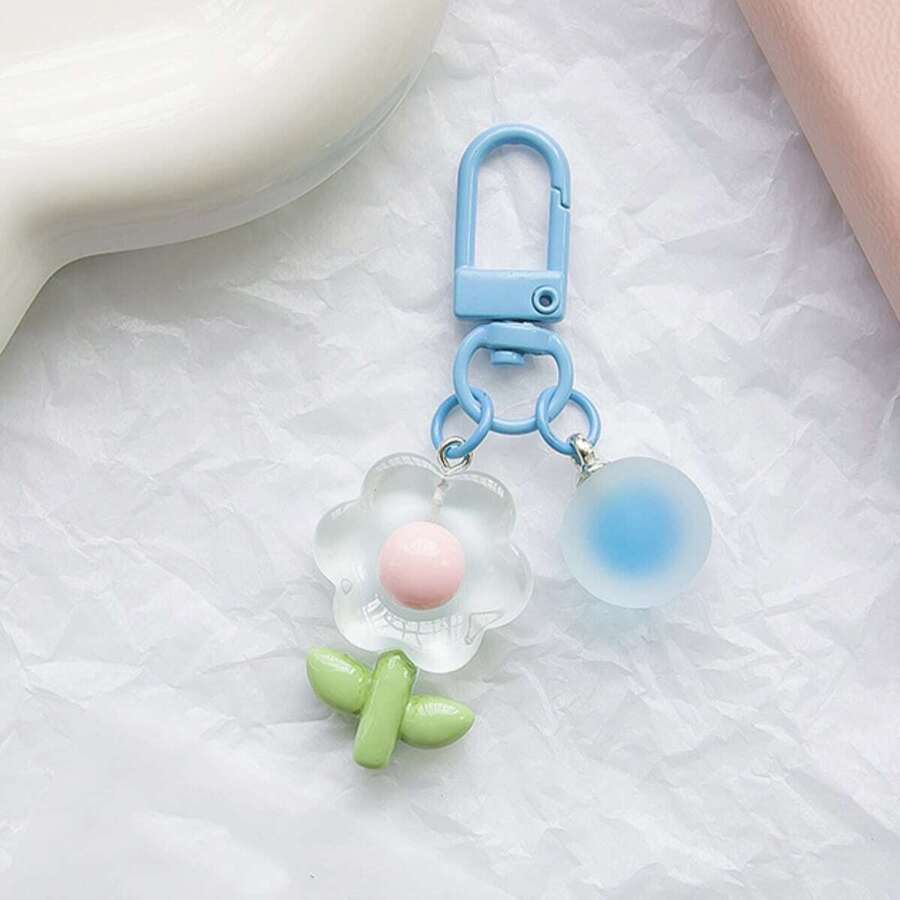 1pc Woman's Colorful Acrylic Flower Key Chain Creative Floral Keyring Pendant For Car Key, Student Bag Decoration - Blue - View 1