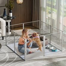 Large Dog Fence Playpen Kennel: Indoor Pet Clear Exercise Play Pen Whelping Box with Waterproof Pad - Heavy Duty Large Pet Acrylic Fencing Crate with Door by Metal Frame for Puppy Small Animals