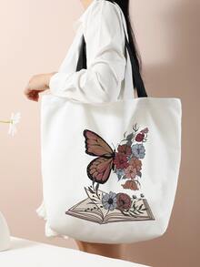 書籍和蝴蝶圖案雙面印花帆布斜揹購物袋 - 彩色 - 查看 3
