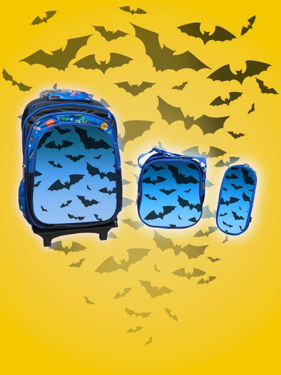 Set de mochila con carro lapicera y lonchera resistente hombre murcielago - Negro - Ver 1