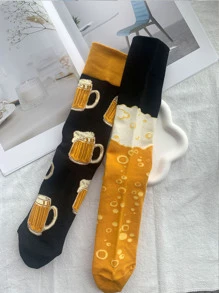 1双男士卡通泡泡图案个性化左右袜子，高筒加长款，秋冬季节适用 - 彩色 - 查看 2