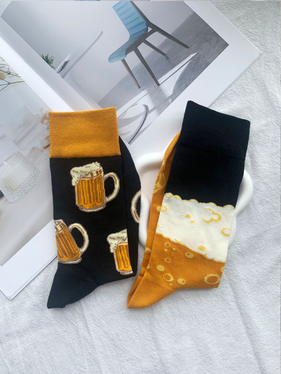 1 Pair Men's Cartoon & Bubble Design Personalized Different Left Right Socks, High & Long, Autumn & Winter, Fall