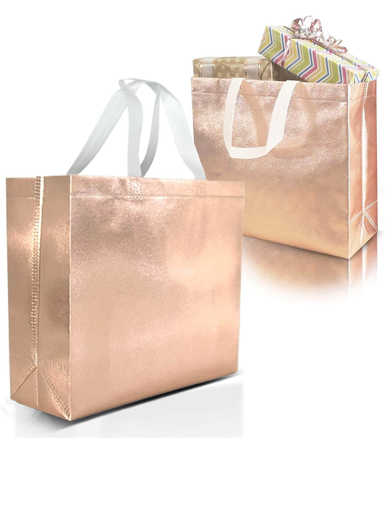 大号玫瑰金礼品袋 – 10 件套可重复使用的玫瑰金礼品袋，带白色手柄 – 非常适合用作圣诞礼品袋、礼品袋、生日礼品袋、派对礼品袋 – 13Wx5Dx11H，圣诞节 - 玫瑰金 - 查看 1
