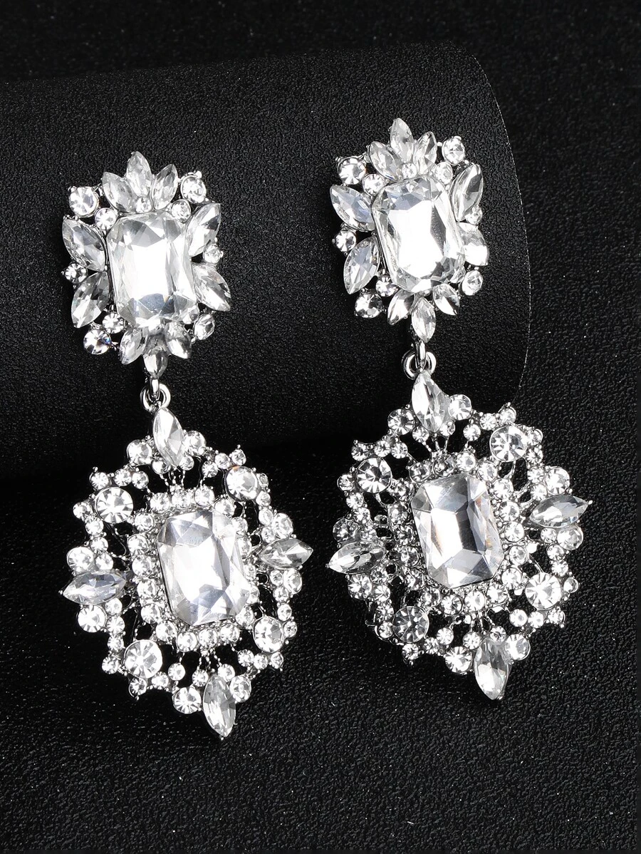 2件套女士锌合金水钻奢华新娘耳环，优雅婚礼新娘及伴娘配饰，皇家风范。情人节配饰 - 銀色 - 查看 1