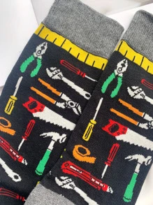 1 Par De Calcetines Para Hombre Con Colección De Patrones De Varias Herramientas, Diseño De Dibujos Animados Gris Y Negro Fresco Estilo Callejero Mecánico E Ingeniero, Buen Regalo - Multicolor - Ver 4