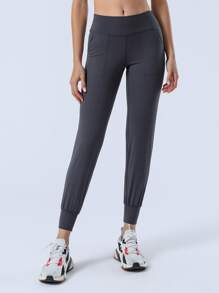 寬鬆九分瑜珈褲帶拉繩下擺跑步 - 灰色 - 查看 2