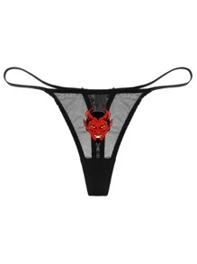 Women's Sexy Ultra-Thin Devil V-String Panties, Halloween - Black - View 6