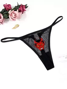 Women's Sexy Ultra-Thin Devil V-String Panties, Halloween - Black - View 1