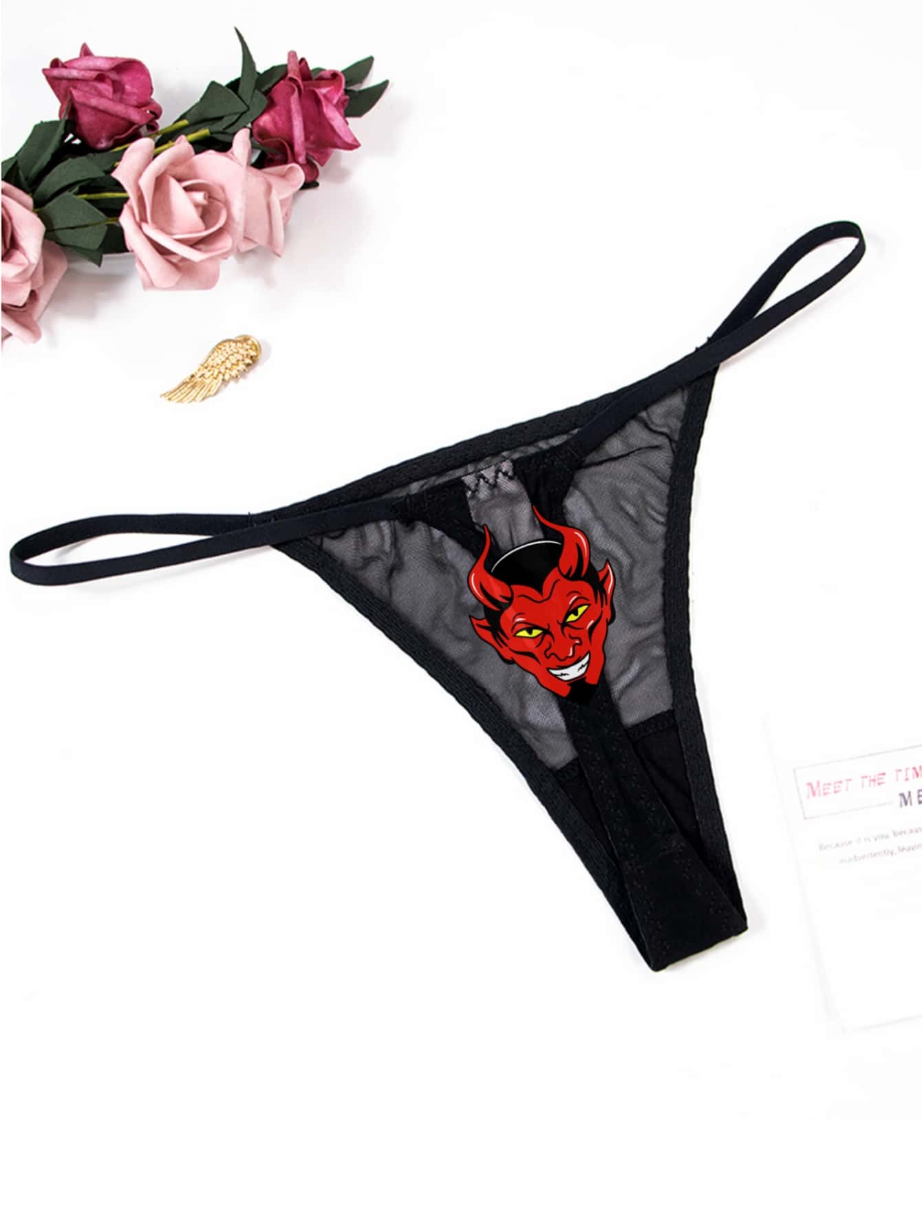 Women's Sexy Ultra-Thin Devil V-String Panties, Halloween - Black - View 1