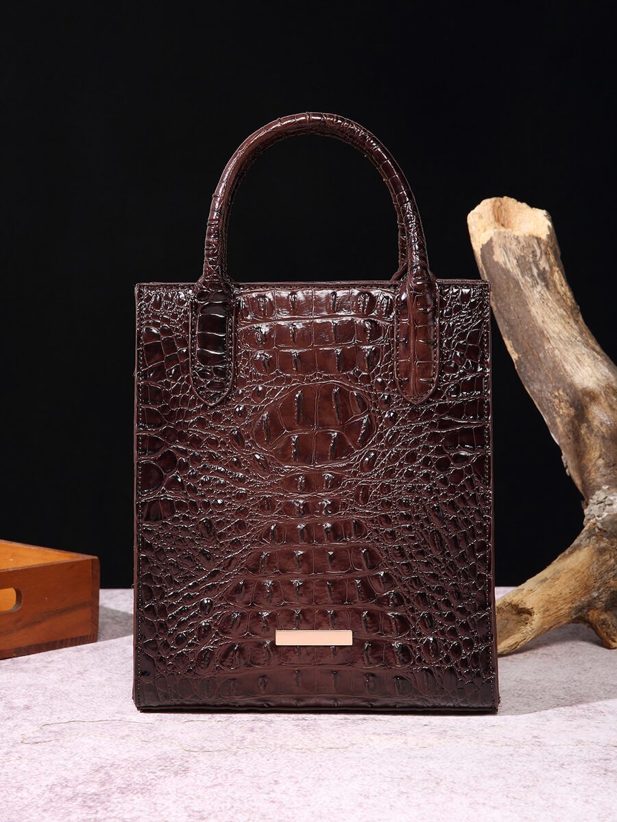 Ombre Crocodile Embossed Handbag, Solid Color Crocodile Pattern Classic Business Laptop Bag Women's Handbag - Brown - View 1