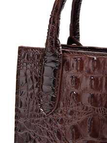 Ombre Crocodile Embossed Handbag, Solid Color Crocodile Pattern Classic Business Laptop Bag Women's Handbag - Brown - View 6