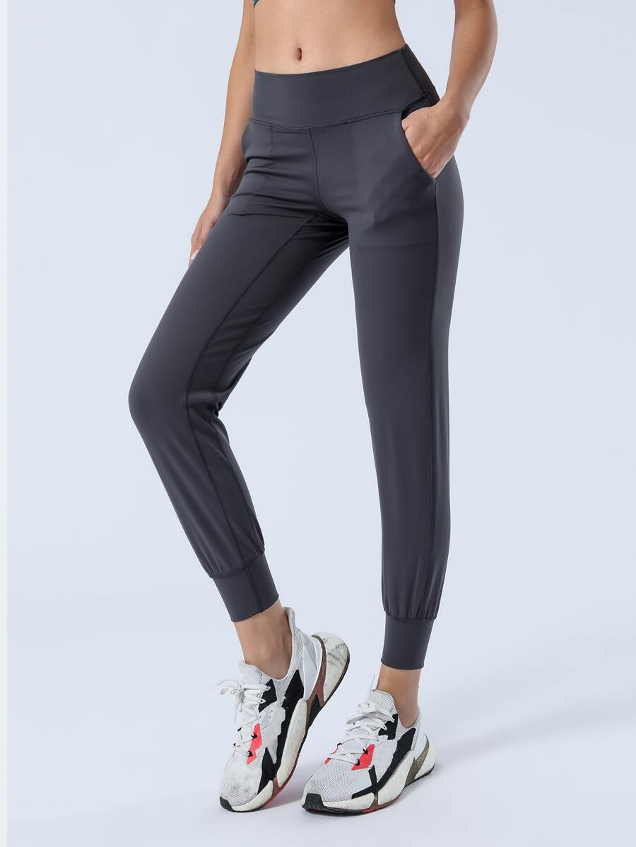 寬鬆九分瑜珈褲帶拉繩下擺跑步 - 灰色 - 查看 1