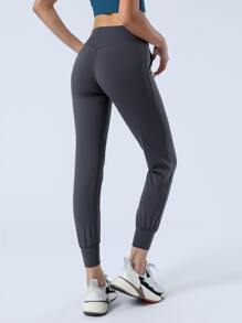 寬鬆九分瑜珈褲帶拉繩下擺跑步 - 灰色 - 查看 4