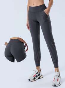 寬鬆九分瑜珈褲帶拉繩下擺跑步 - 灰色 - 查看 6