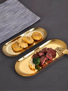 Đĩa nướng bằng thép không gỉ kiểu Hàn Quốc, Đĩa hình bầu dục màu vàng, Khay vuông màu vàng, Đĩa tráng miệng phẳng, Dùng để trưng bày và lưu trữ mỹ phẩm & trang sức tại nhà, Nhà bếp, Quà tặng Giáng sinh - Vàng - Xem 4