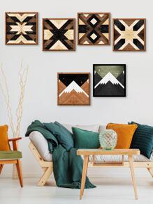 1PC Geometric Wall Art Wooden Decorative Painting, Living Room Home Decoration Mural, Self-adhesive Wooden Board with Frame Wall Sticker - Multicolor - View 4