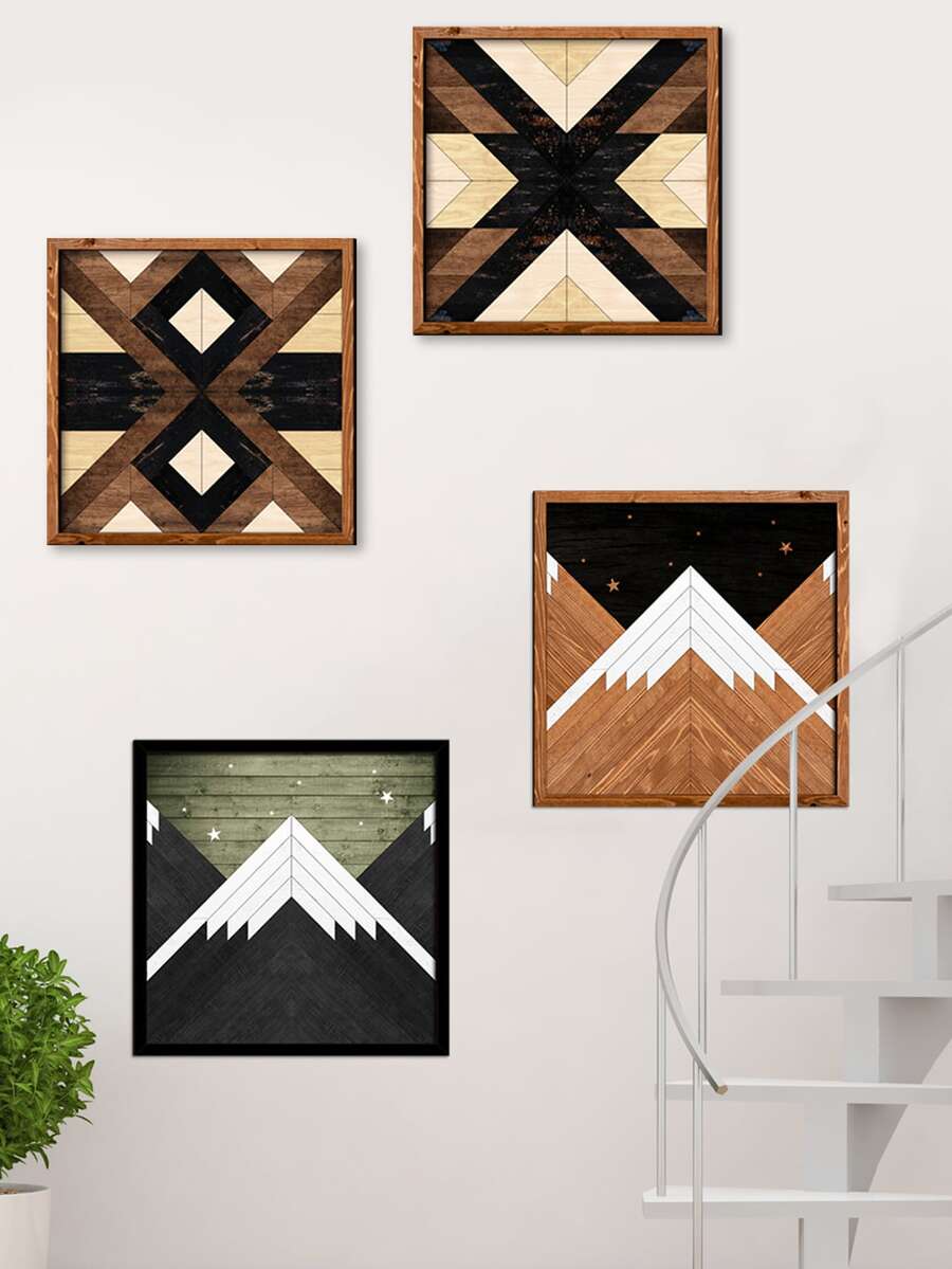 1PC Geometric Wall Art Wooden Decorative Painting, Living Room Home Decoration Mural, Self-adhesive Wooden Board with Frame Wall Sticker - Multicolor - View 1
