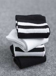 4双女士时尚、舒适、百搭黑白纯色中筒袜，秋季 - 彩色 - 查看 4