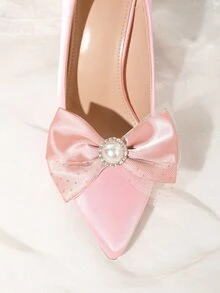 1 對（2 件）女鞋配件,蝴蝶結風格,飾有珍珠和水鑽,華麗緞面鞋夾,diy 可拆卸可愛,時尚優雅,平底/高跟鞋裝飾 - 粉色 - 查看 5