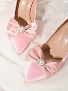 1 對（2 件）女鞋配件,蝴蝶結風格,飾有珍珠和水鑽,華麗緞面鞋夾,diy 可拆卸可愛,時尚優雅,平底/高跟鞋裝飾 - 粉色 - 查看 2