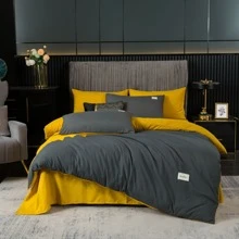 Modern And Fashionable Solid Color Splice Bedding Sets Including Quilt Cover, Bedsheet, Pillowcase- Available In Three Or Four Pieces; Soft, Smooth, Anti-wrinkle And Durable Material, Non-static, Non-shedding And Non-fading, Suitable For All Seasons And Easy To Clean By Machine Wash - turmeric black - View 6