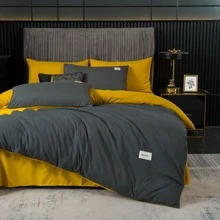 Modern And Fashionable Solid Color Splice Bedding Sets Including Quilt Cover, Bedsheet, Pillowcase- Available In Three Or Four Pieces; Soft, Smooth, Anti-wrinkle And Durable Material, Non-static, Non-shedding And Non-fading, Suitable For All Seasons And Easy To Clean By Machine Wash - turmeric black - View 8